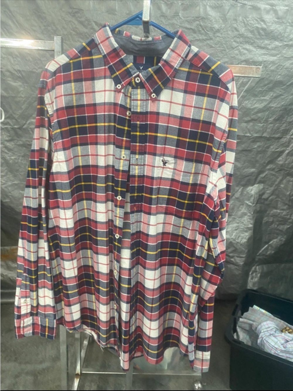 American Eagle Outfitters Red and Navy Plaid Button-Down Shirt